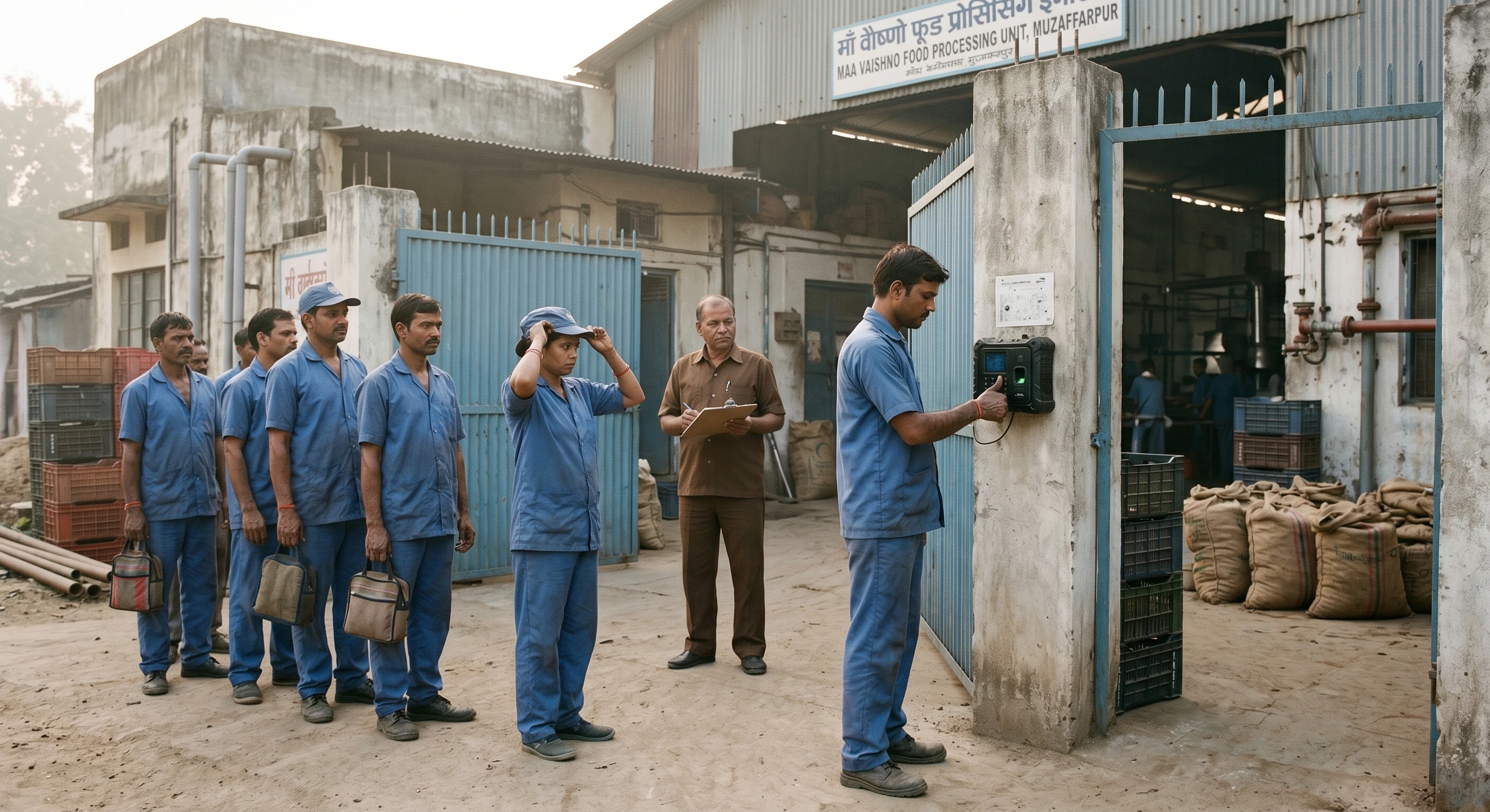 Factory gate in Muzaffarpur with workers scanning fingerprints on biometric device, industrial agroprocessing background, early morning shift change